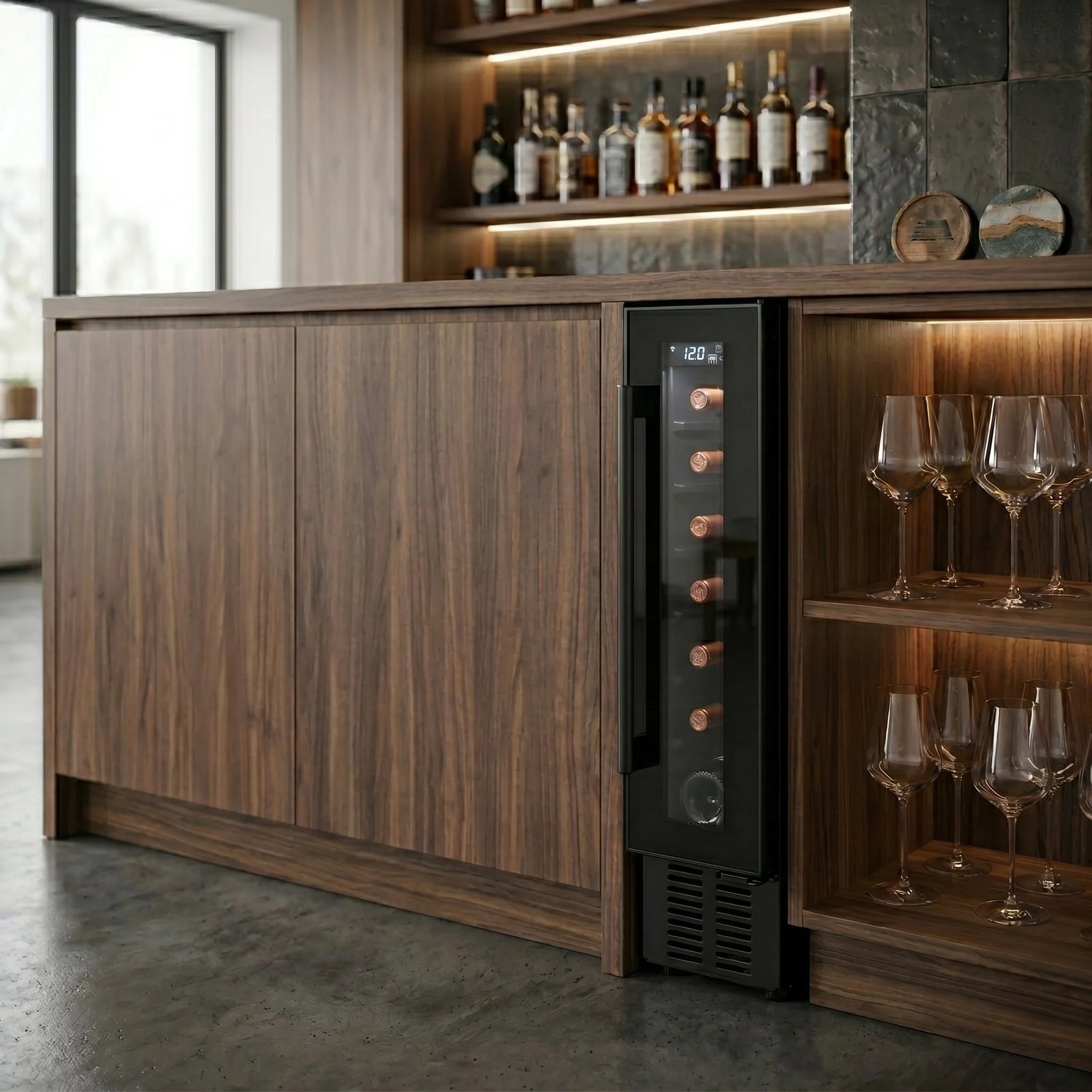 A wooden bar counter with glasses on shelves and a built-in wine cooler with a digital temperature display.