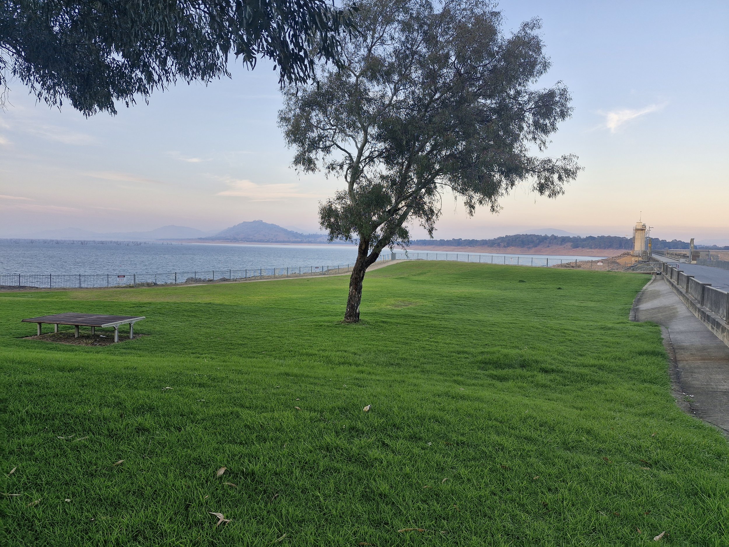 A park with a green grassy area, a single tree, a wooden bench, and a distance body of water with mountains in the background. There is a paved pathway along the right side and a fence near the water.