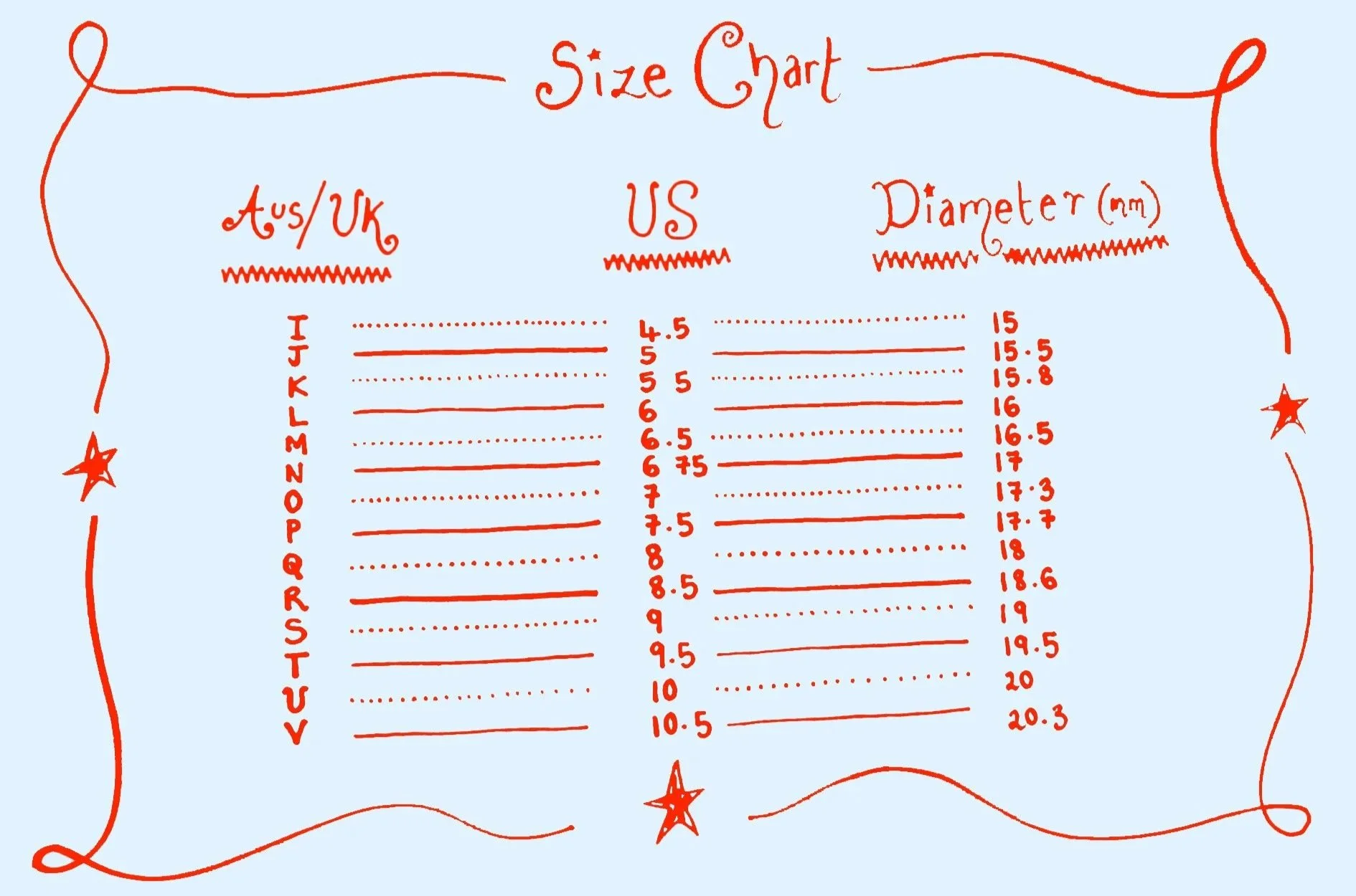A handwritten style size chart showing international ring sizes and corresponding measurements in millimeters, decorated with red stars and wavy lines on a light blue background.