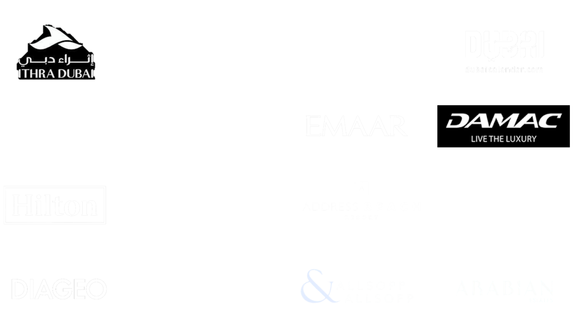 A collage of logos and names of various companies and brands, including ITHRA DUBAI, EMAR, DAMAC, Hilton, DIAGO, and others, on a black and white background.