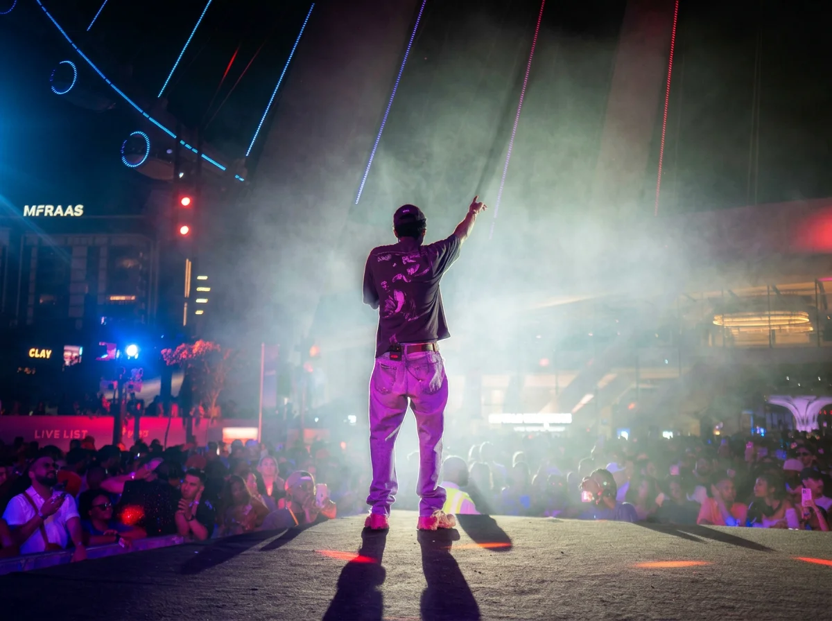 Performer standing on stage pointing into the crowd during a concert with colorful lights and smoke effects, a large audience visible in front.