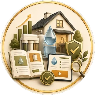 Illustration of a house, water droplet, shield, open book, tablet, and growth chart with arrow, symbolizing home water quality and safety.