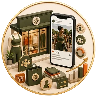 Miniature fashion boutique with clothing items, a smartphone displaying a woman taking a photo, shopping bags, and various icons representing social media and online shopping, surrounded by a circular frame.