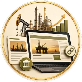 Illustration of an oil drilling rig, laptop displaying oil industry images, and icons representing finance and industry growth.