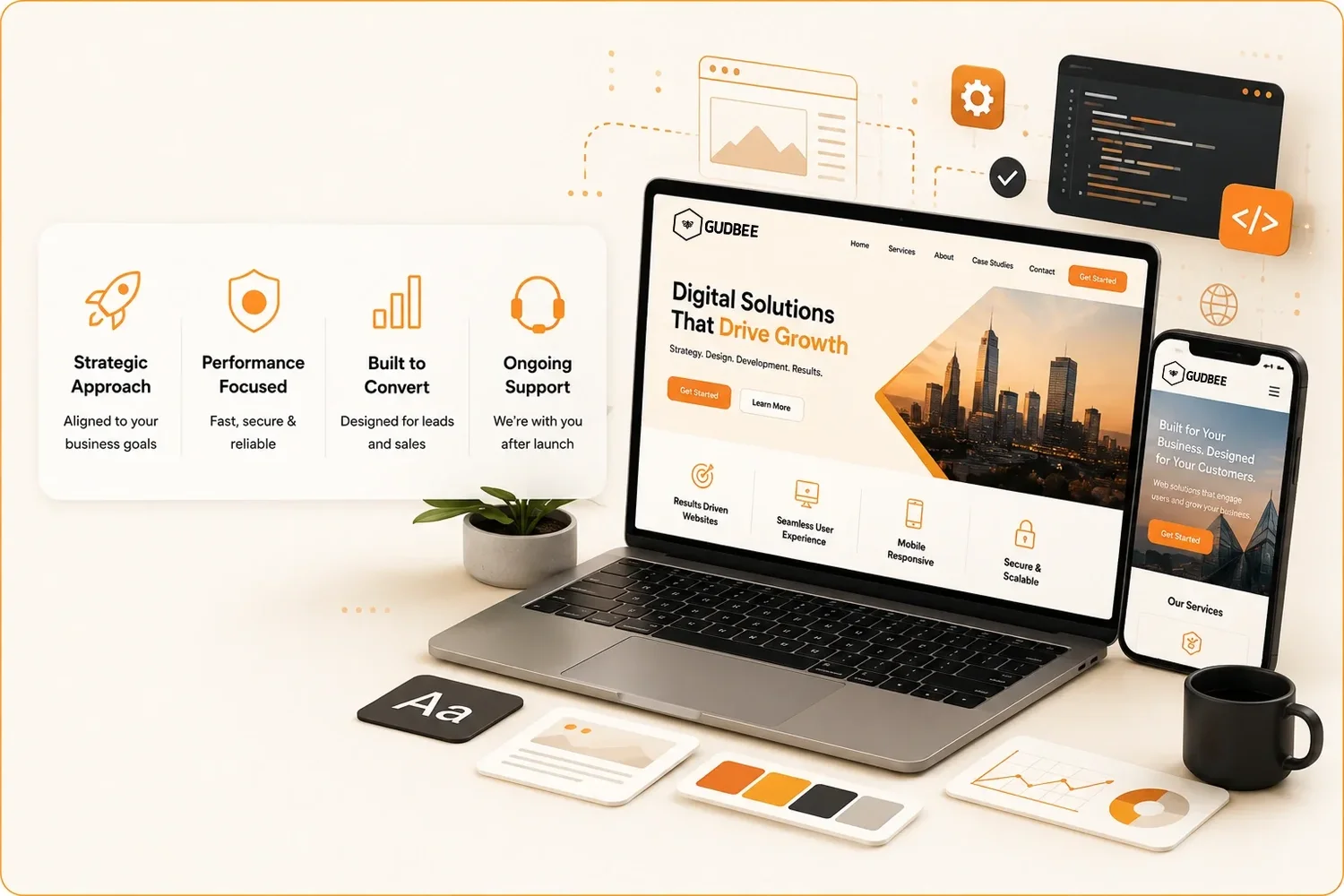 Website development team planning and building a business website experience