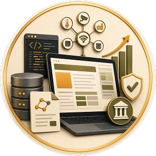 Digital concepts including a laptop displaying a website, database server, various icons representing data, Wi-Fi, cloud, security, and growth charts, all within a circular frame.