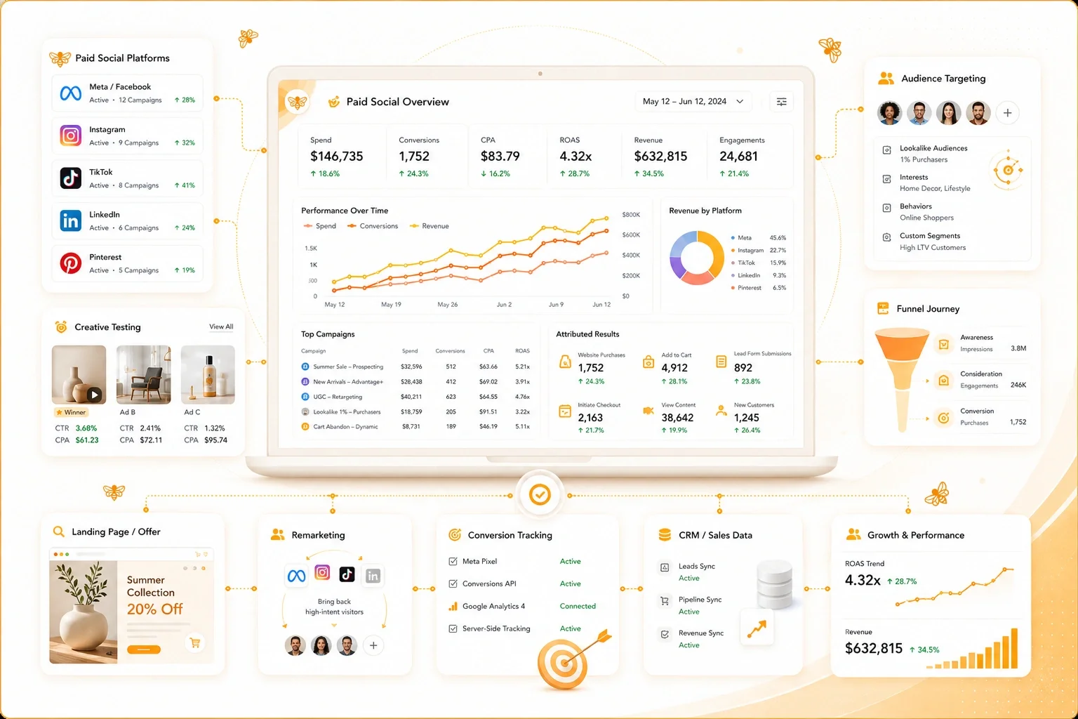 A digital dashboard displaying social media marketing analytics, including pitch, audience targeting, funnel journey, ad testing, campaign metrics, and CRM data, with graphs and charts.
