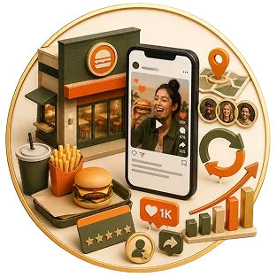 A miniature model of a fast food restaurant with a burger, fries, and soda, alongside a smartphone displaying a smiling woman, social media icons, location pin, and various business growth graphics.