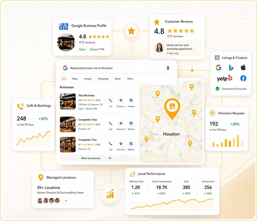 Local SEO search experience showing nearby business discovery and location visibility