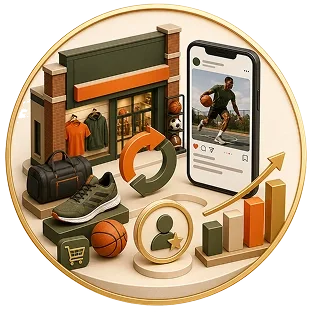 Digital illustration representing sports, fitness, and social media marketing, including a storefront, sneakers, basketball, football, a smartphone displaying a basketball player, and upward trending analytics graphs.