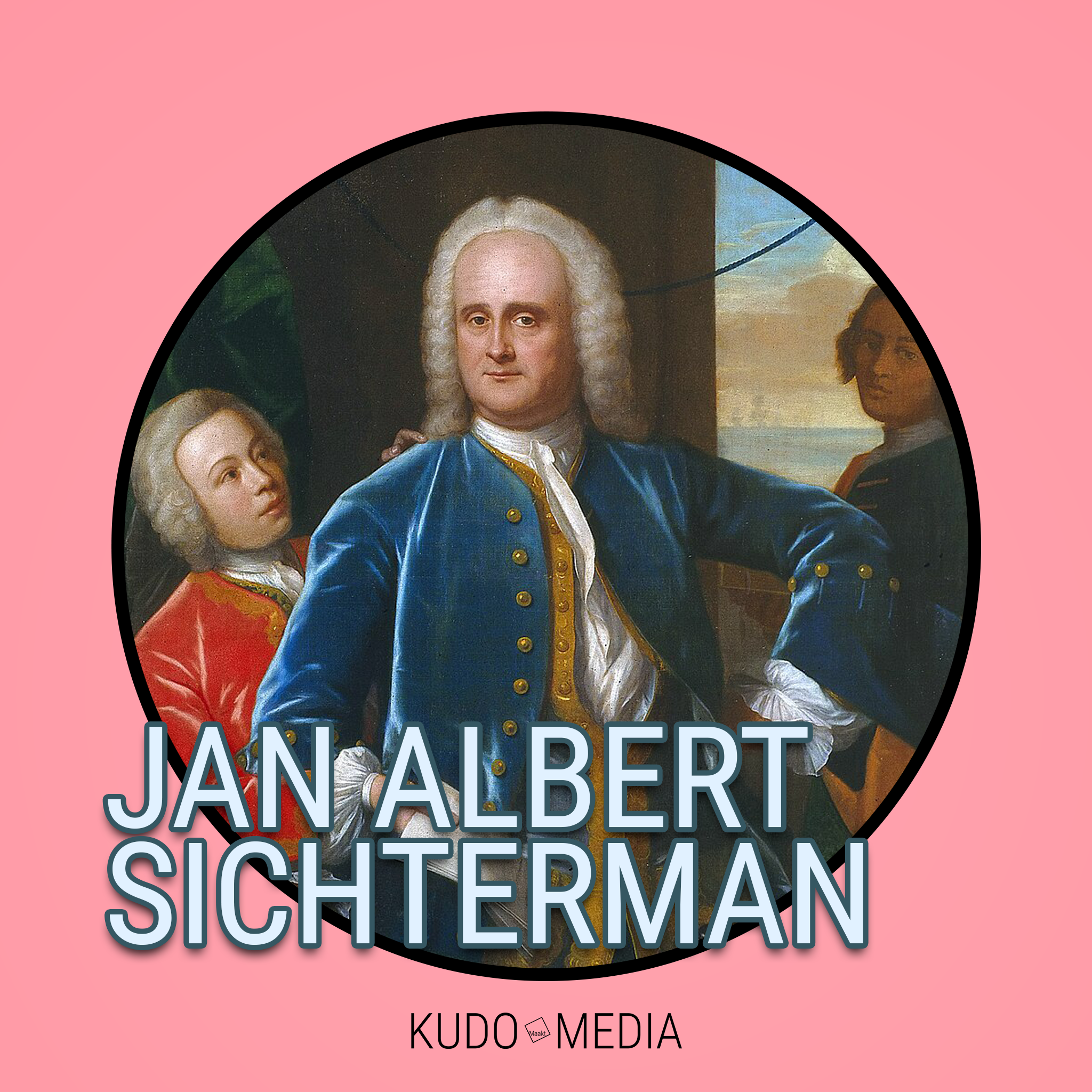 De thumbnail van de Groningse Geschiedenis aflevering: Jan Albert Sichterman, drie personen in historische kleding, met een landschap op de achtergrond, op een roze achtergrond met tekst 'Jan Albert Sichterman' en 'Kudo Media'.