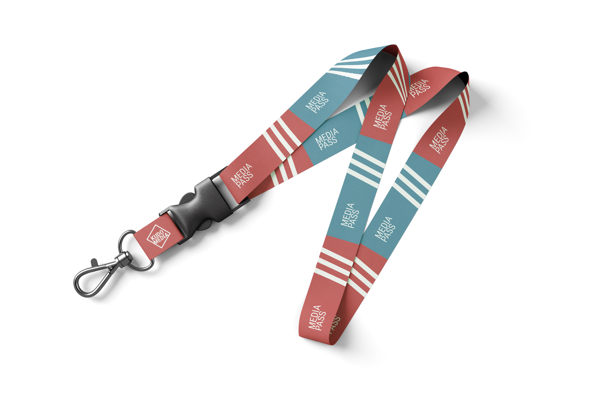 Lussenband met media pass labels en een haak, ontworpen voor evenementen of conferenties.