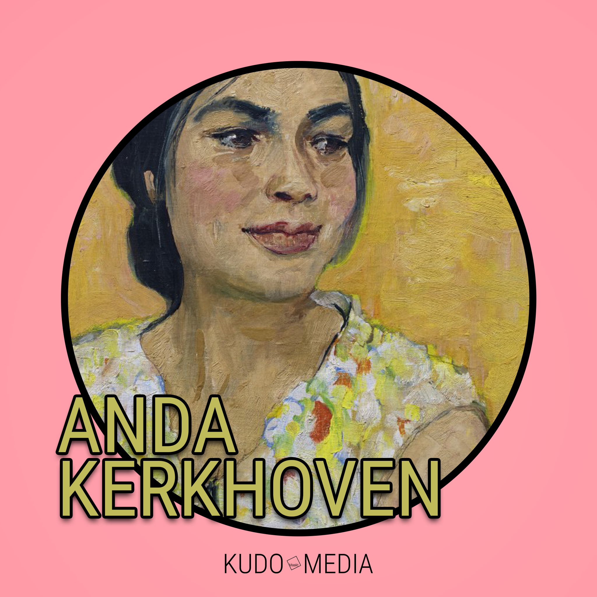 De thumbnail van de Groningse Geschiedenis aflevering: Anda Kerkhoven in grote letters onder de afbeelding en de tekst 'Kudo Media' eronder.