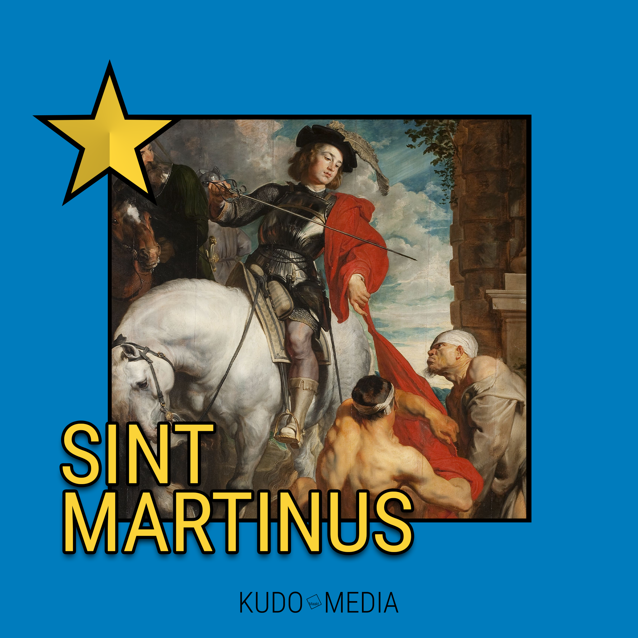 De thumbnail van de Groningse Geschiedenis aflevering: Sint Martinus  die een man helpt door hem zijn mantel te geven.