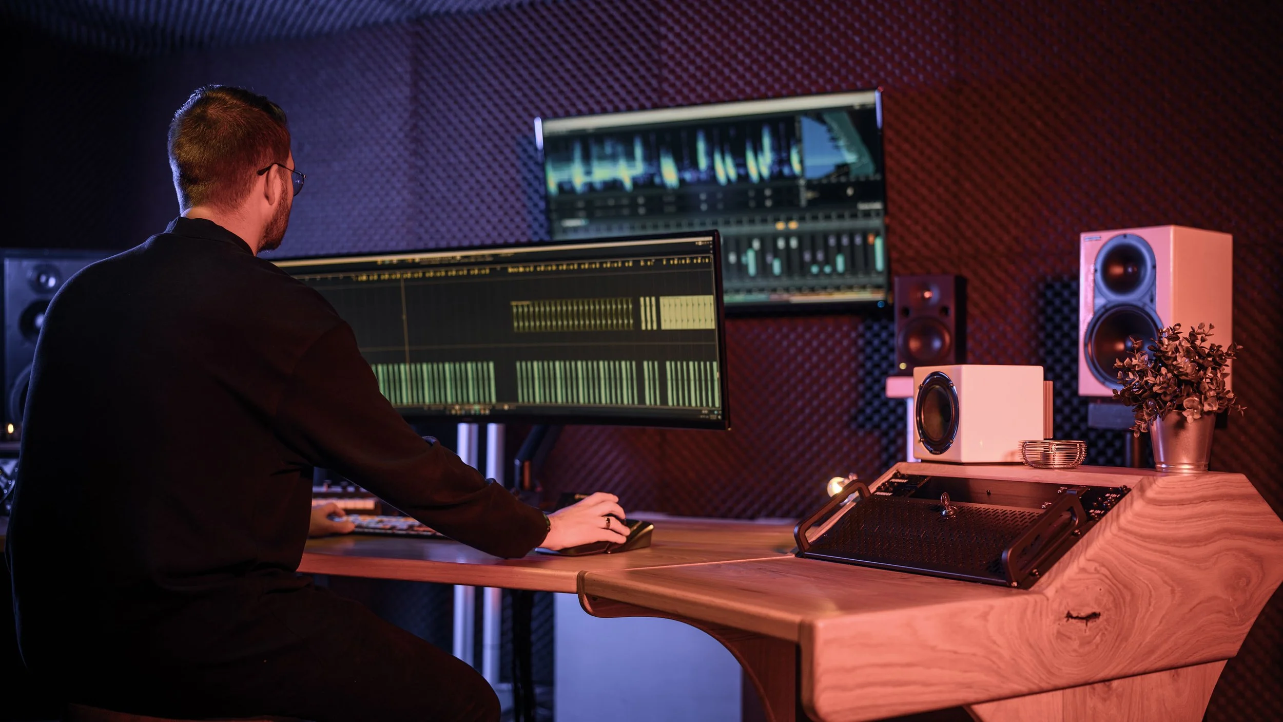Rowdy aan het werk in de mixing en mastering suite van Kudo Media met digitale audio-werkplekken en luidsprekers.