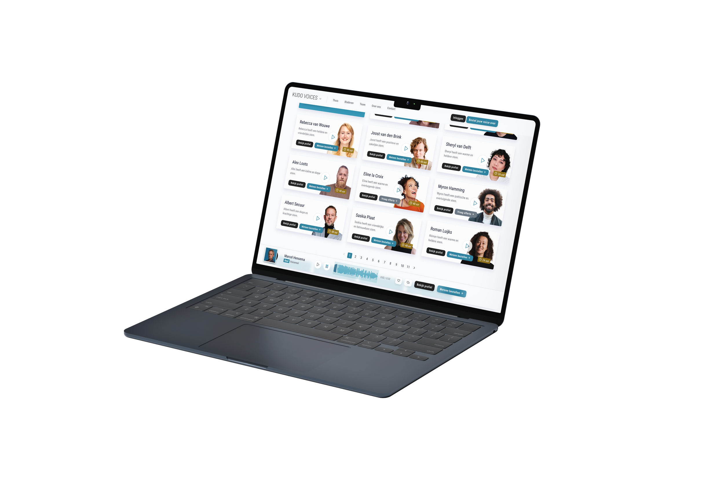 Laptop met de website van Kudo Voices de website met de beste voice-over stemmen van nederland