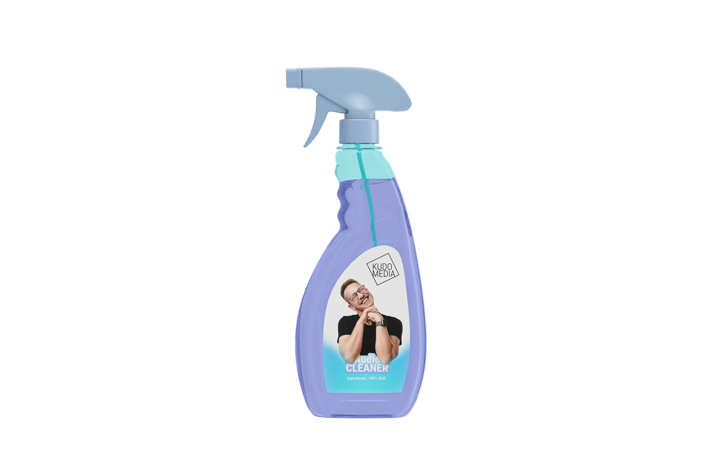 Een sprayfles met een label dat een lachende Floris Jonker toont, met de tekst 'Audio Cleaner' en 'Ingrediënten: 100% Skill'.