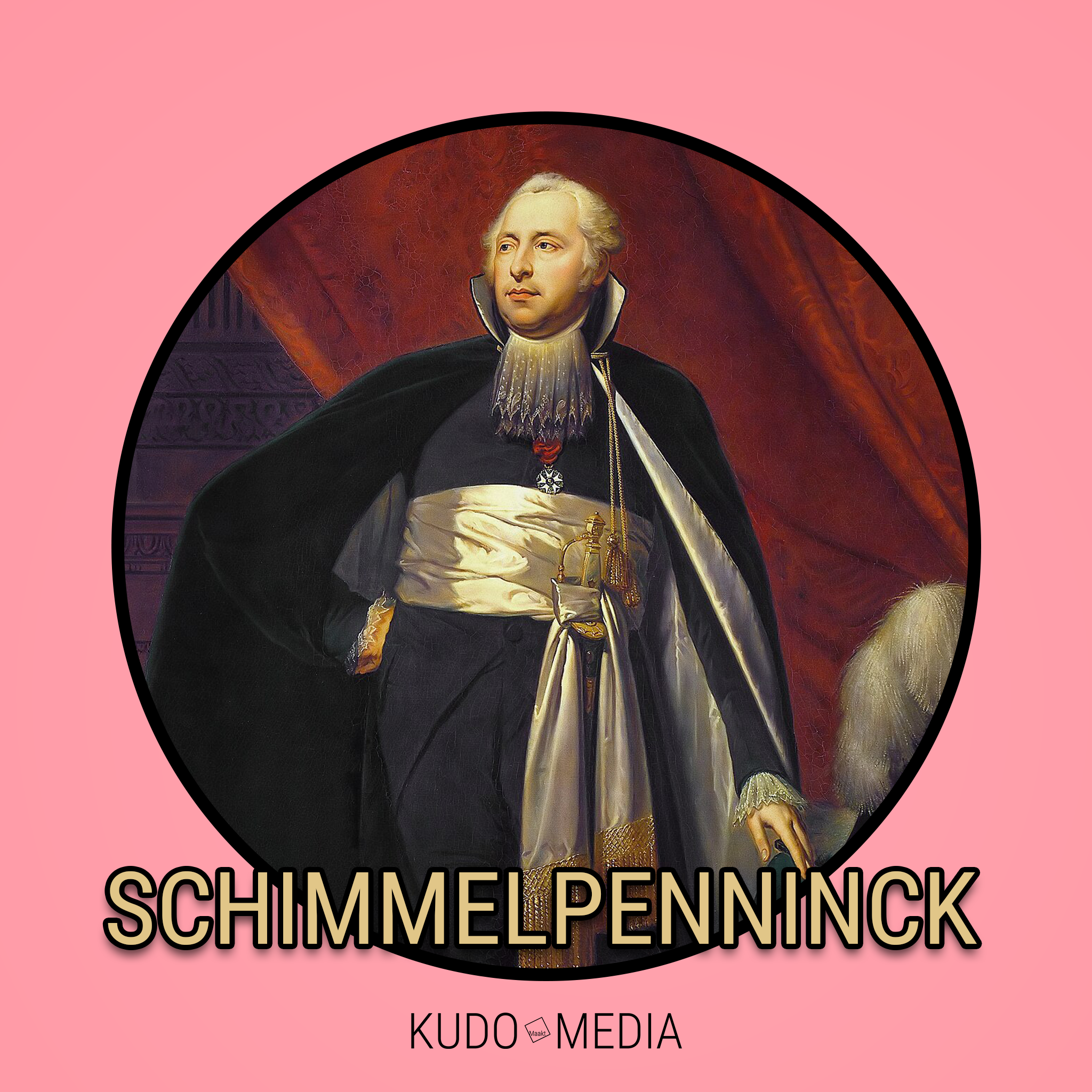 Portret van een man in historische kleding binnen een ronde lijst met een roze achtergrond, De thumbnail van de Groningse Geschiedenis aflevering: 'SchimmelPENINCK' onderaan en 'KUDO MEDIA'.