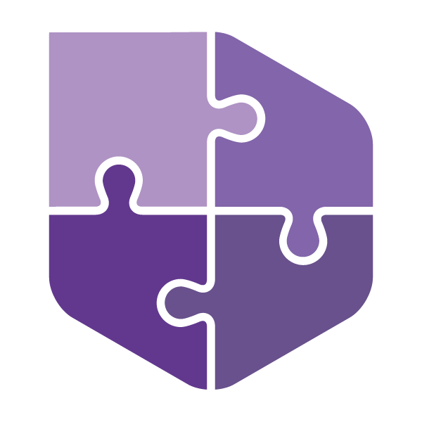 Een pictogram van een puzzelstuk in verschillende tinten paars, samengevoegd tot een kubusvorm.