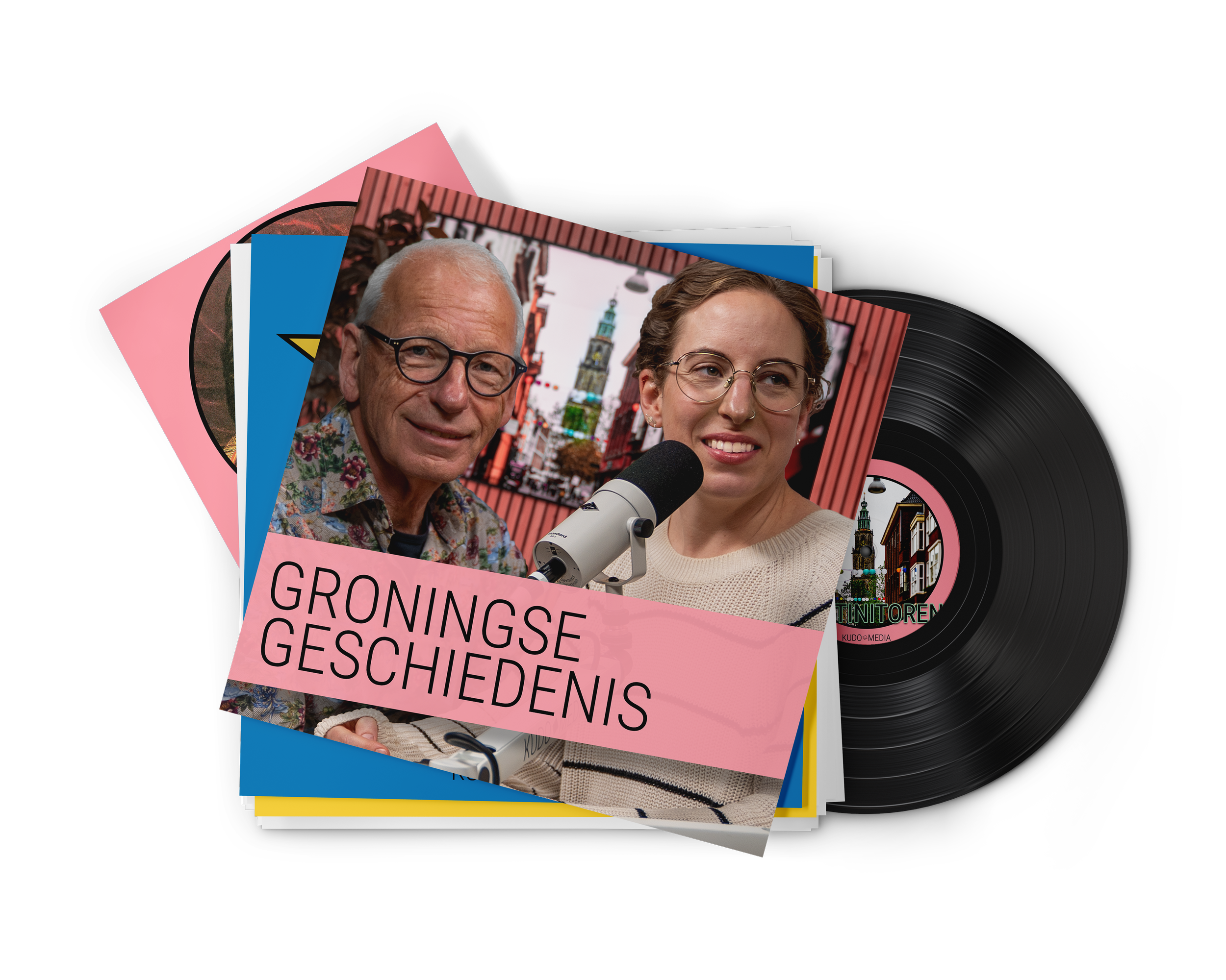 Een vinylplaat met een albumhoes getiteld 'Groningse Geschiedenis' waarop twee mensen staan. Een man met grijs haar, bril en een bloemenoverhemd, en een vrouw met bruin haar, bril en een witte trui, voor een achtergrond van een stadsgezicht.
