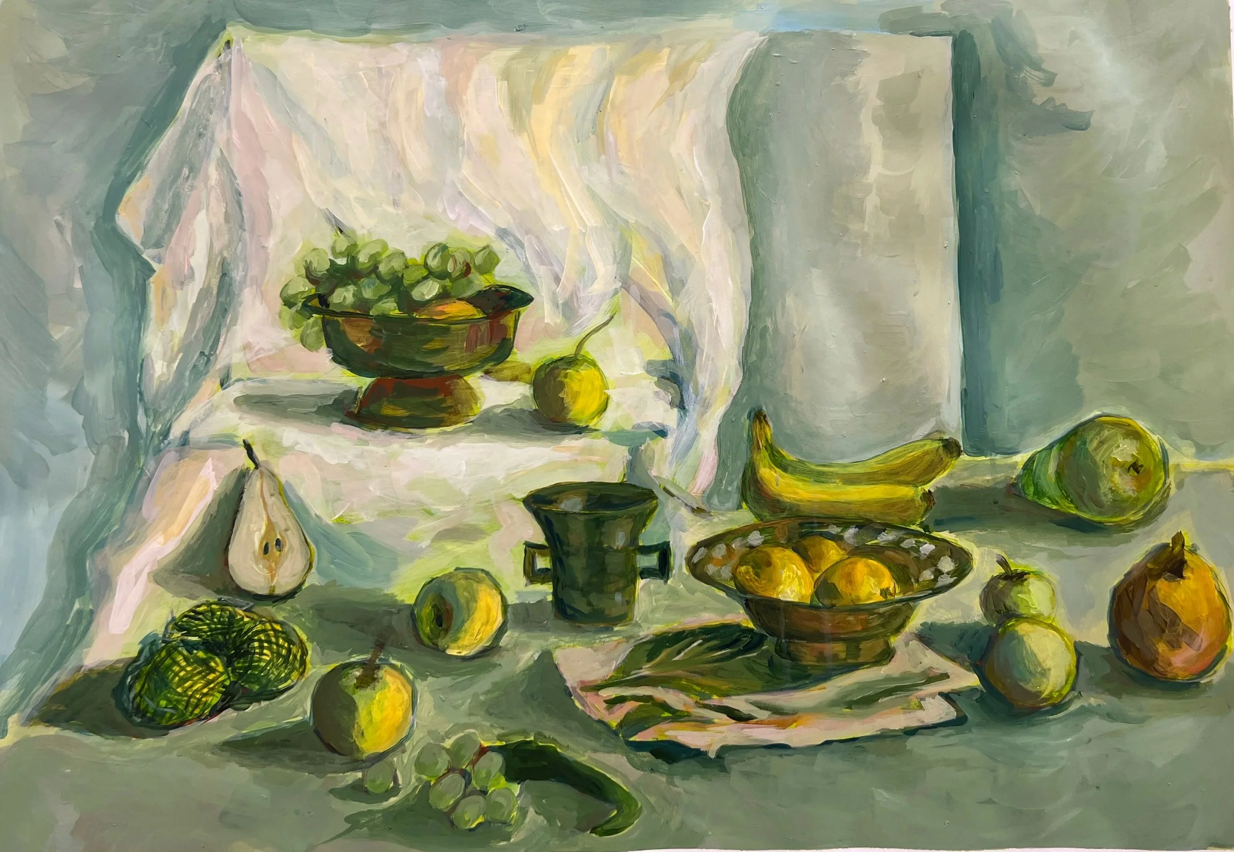 Still life painting of fruits and a bowl, including grapes, apples, bananas, and pomegranates, arranged on a table with a draped cloth and background.