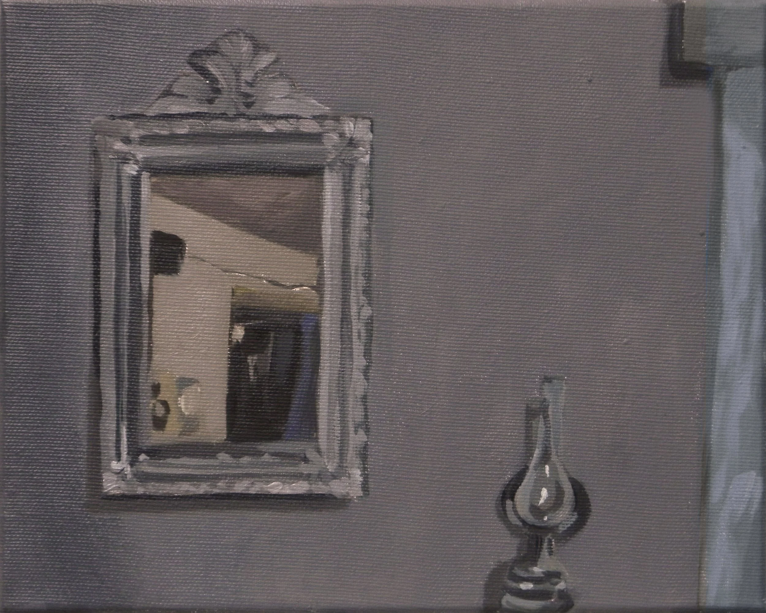 A painting of a mirror with ornate frame and a candlestick on a wall.