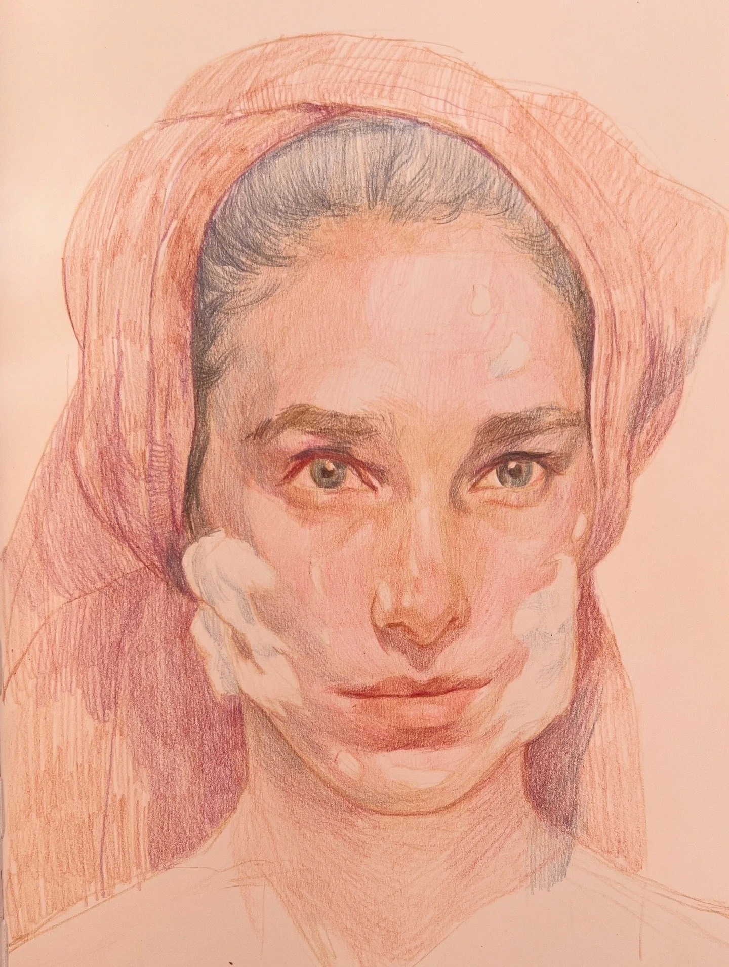 Colored pencil drawing of a woman with a pink headscarf, short dark hair, and soft facial features.