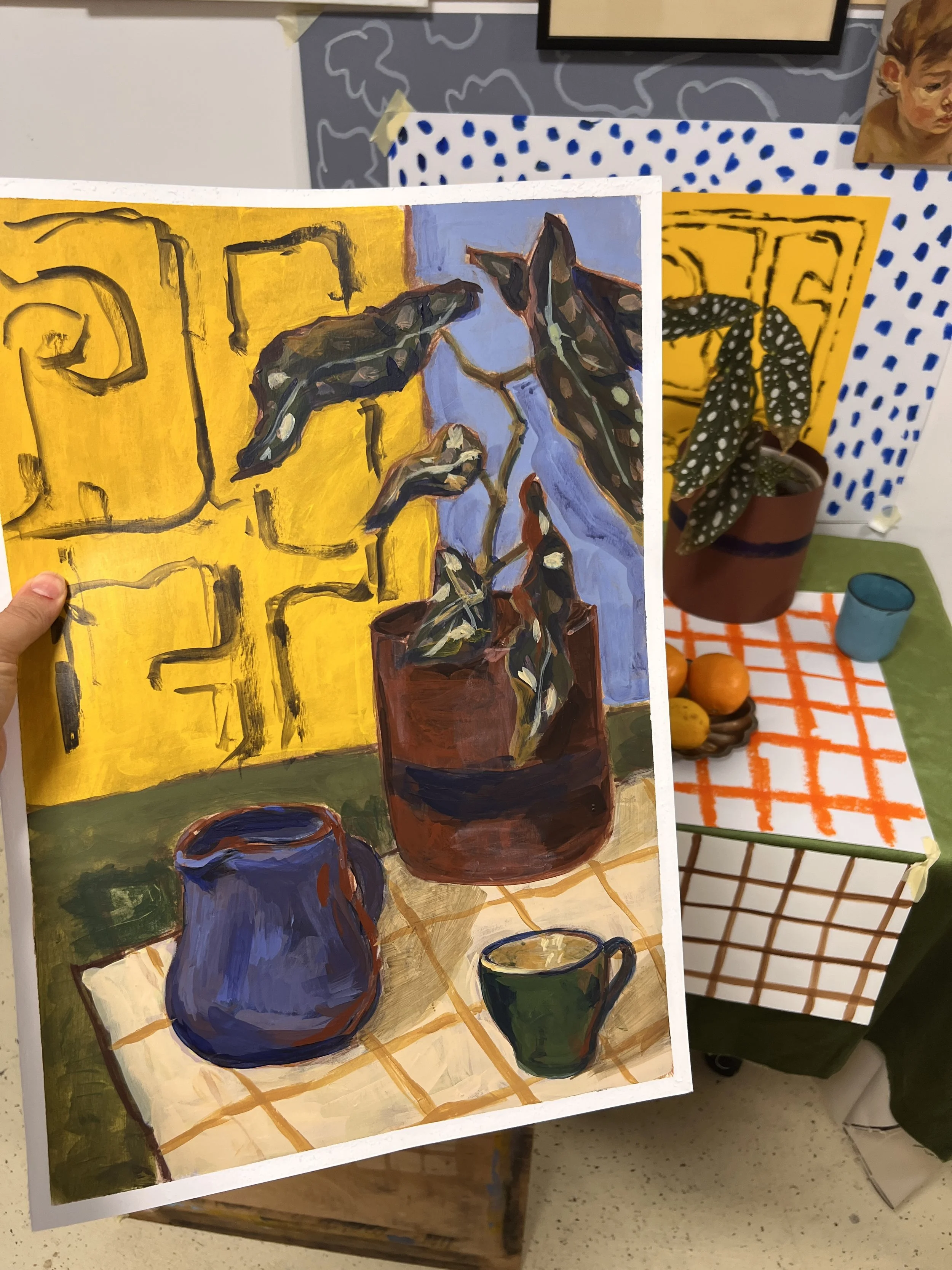 A painting of a potted plant with dark green and polka-dotted leaves on a grid-patterned table, with a yellow wall and a yellow pitcher and cup on a tiled surface in the foreground.