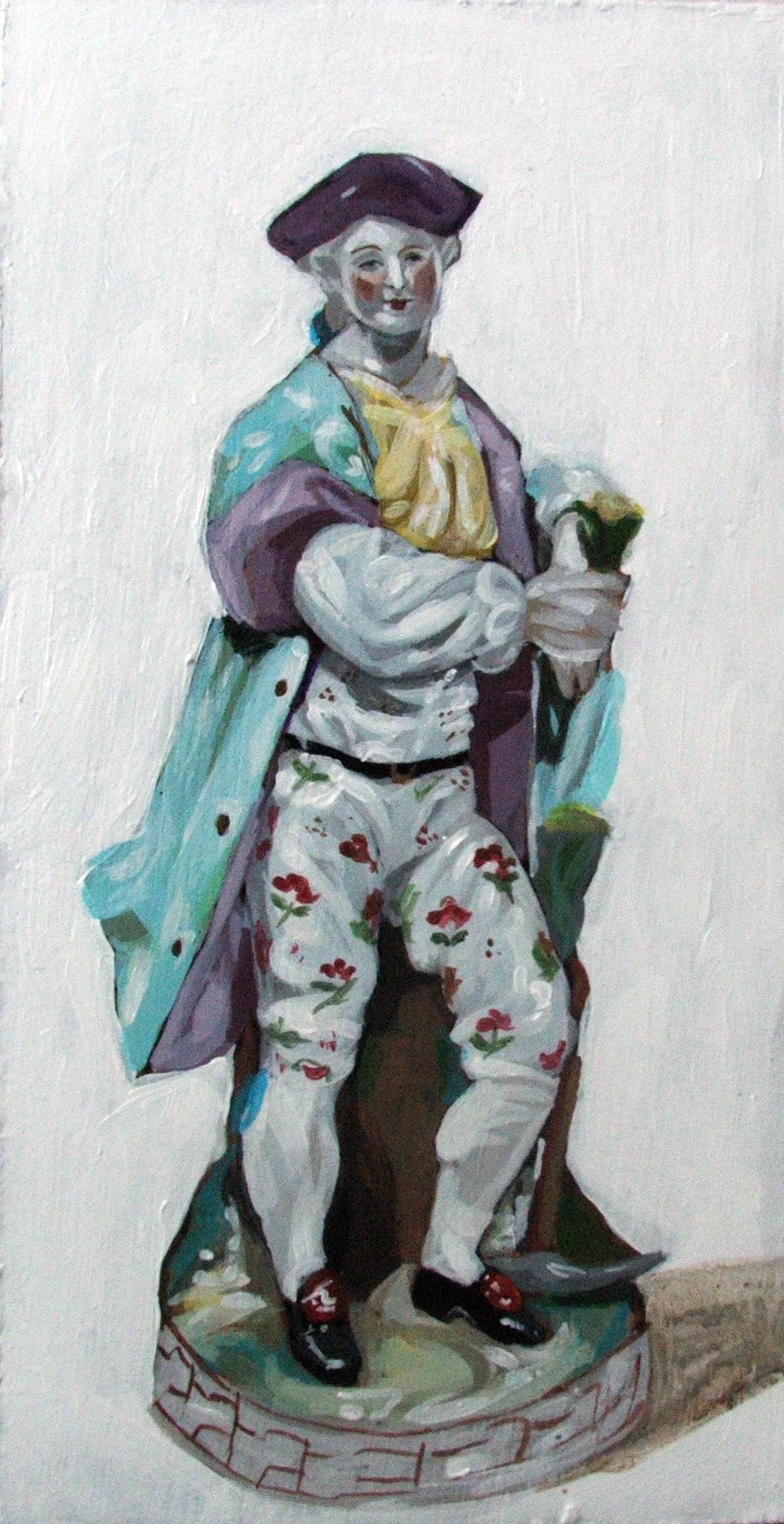 A colorful painting of a man in historic costume sitting on a small mound, holding a flower.