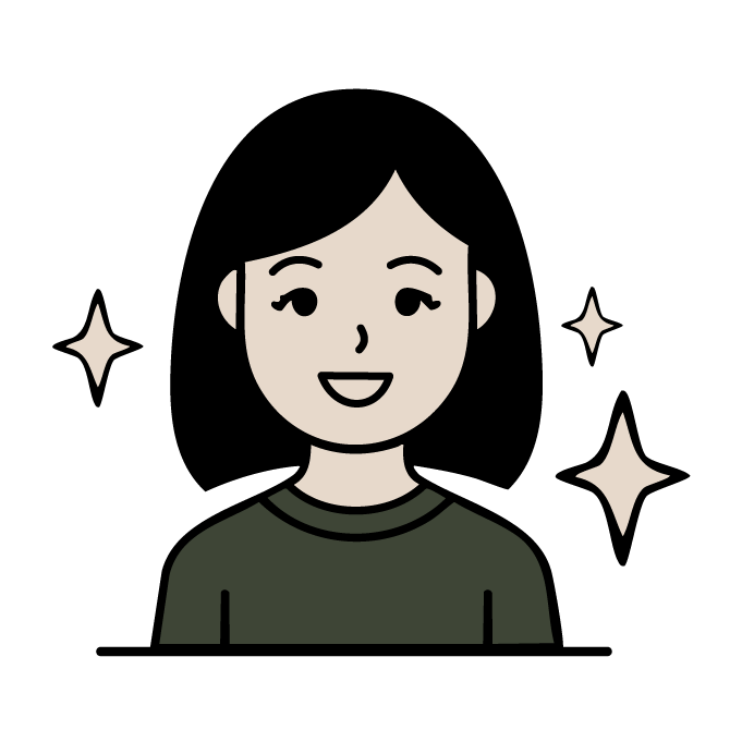 Smiling woman with black hair and a green shirt, surrounded by sparkles.