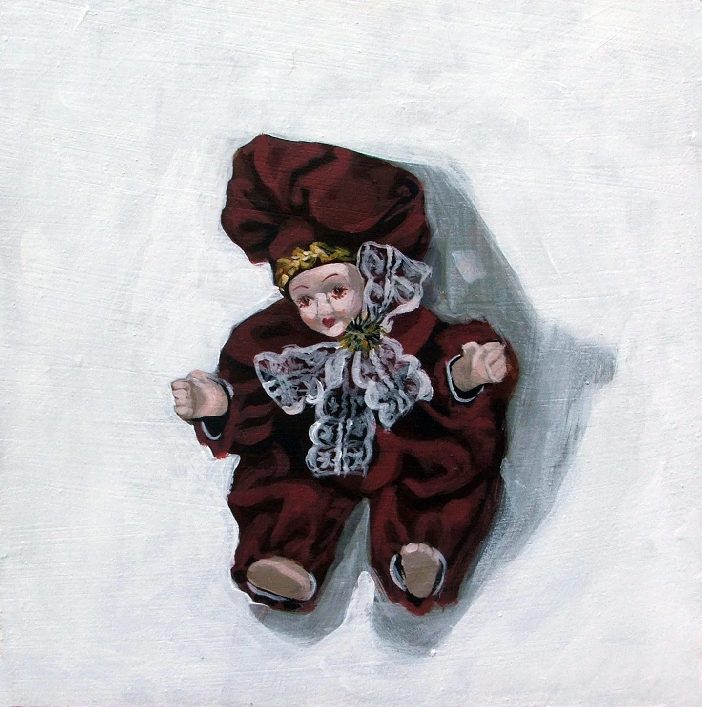 Painting of a young girl in a red dress with a large bow, wearing a headband with a floral pattern, holding a white lace bow, standing against a plain background.