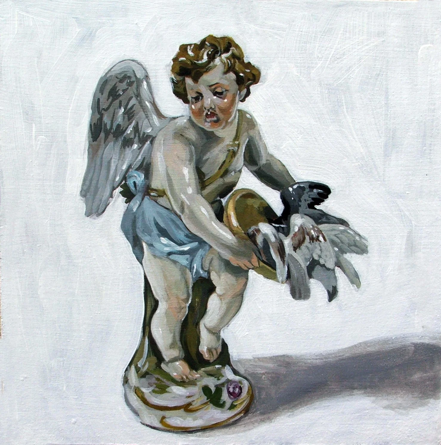 Painting of a cherub with wings, wearing blue shorts, holding a shoe, standing on a decorative base.