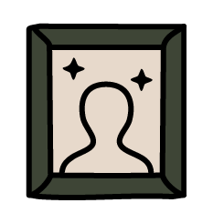 A framed portrait of a person with two stars in the background