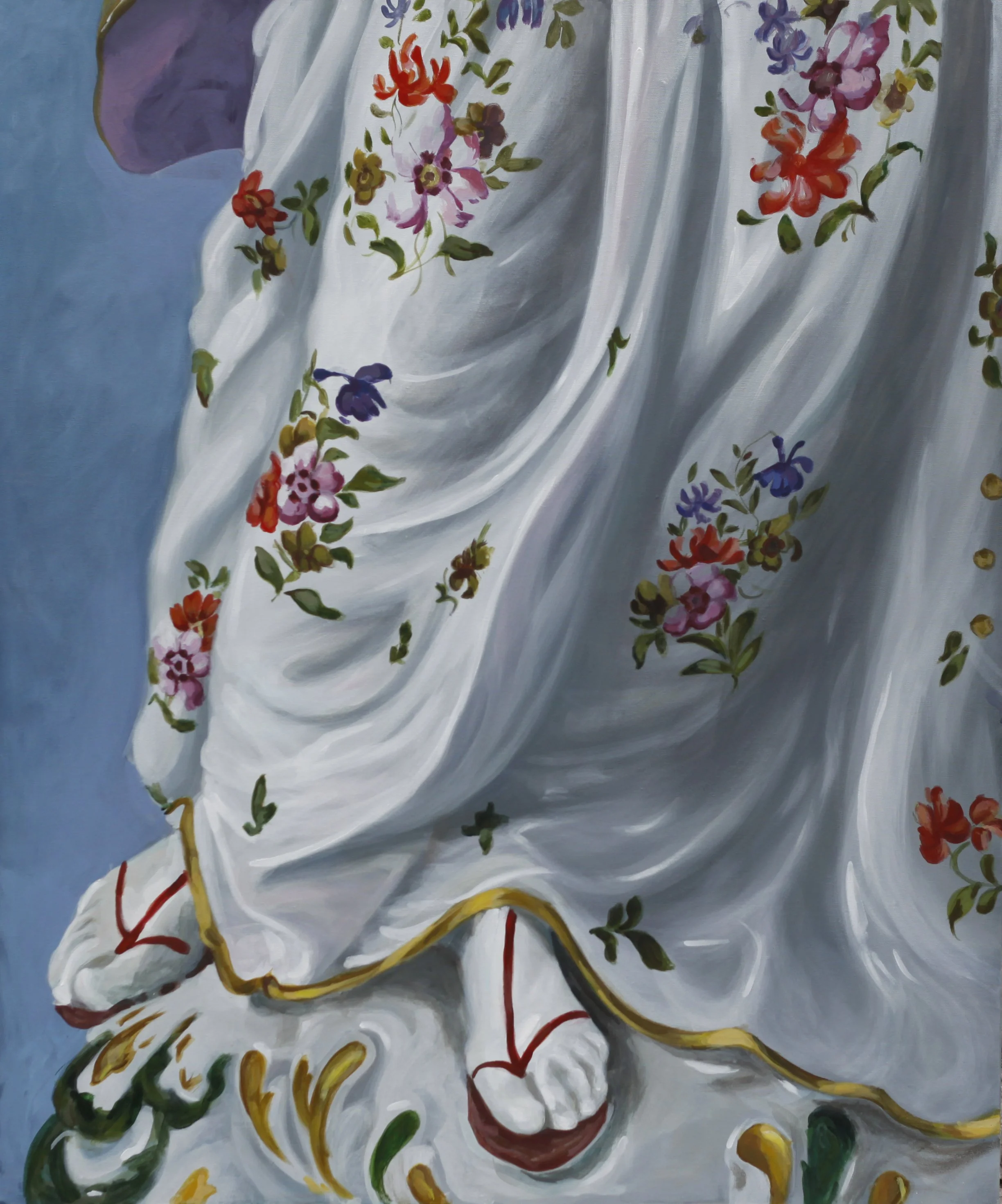 Painting of a white fabric dress with colorful floral embroidery, gold trim, and red and green shoes at the hem.