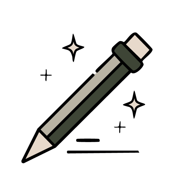 A digital illustration of a black eyeliner pencil with a white tip, surrounded by small white stars, on a black background.