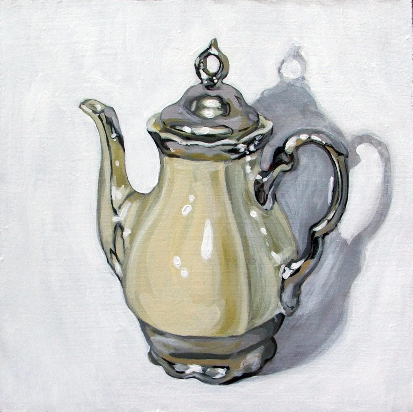 A painting of a beige and gray teapot with a lid, cast in shadow on a white background.
