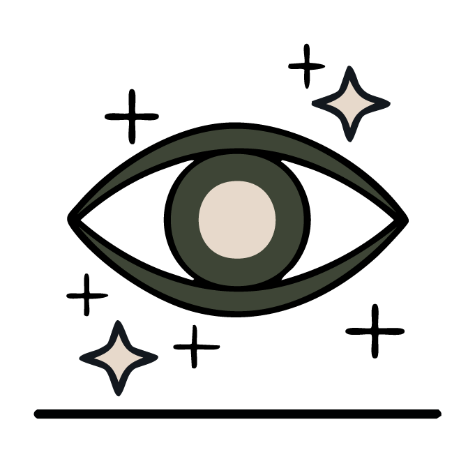 A stylized eye with a green iris, white sclera, and black outline, accompanied by two small star-like sparkles on a black background.