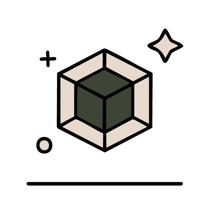 Graphic of a 3D cube surrounded by star and circle icons on a black background, representing data or technology.
