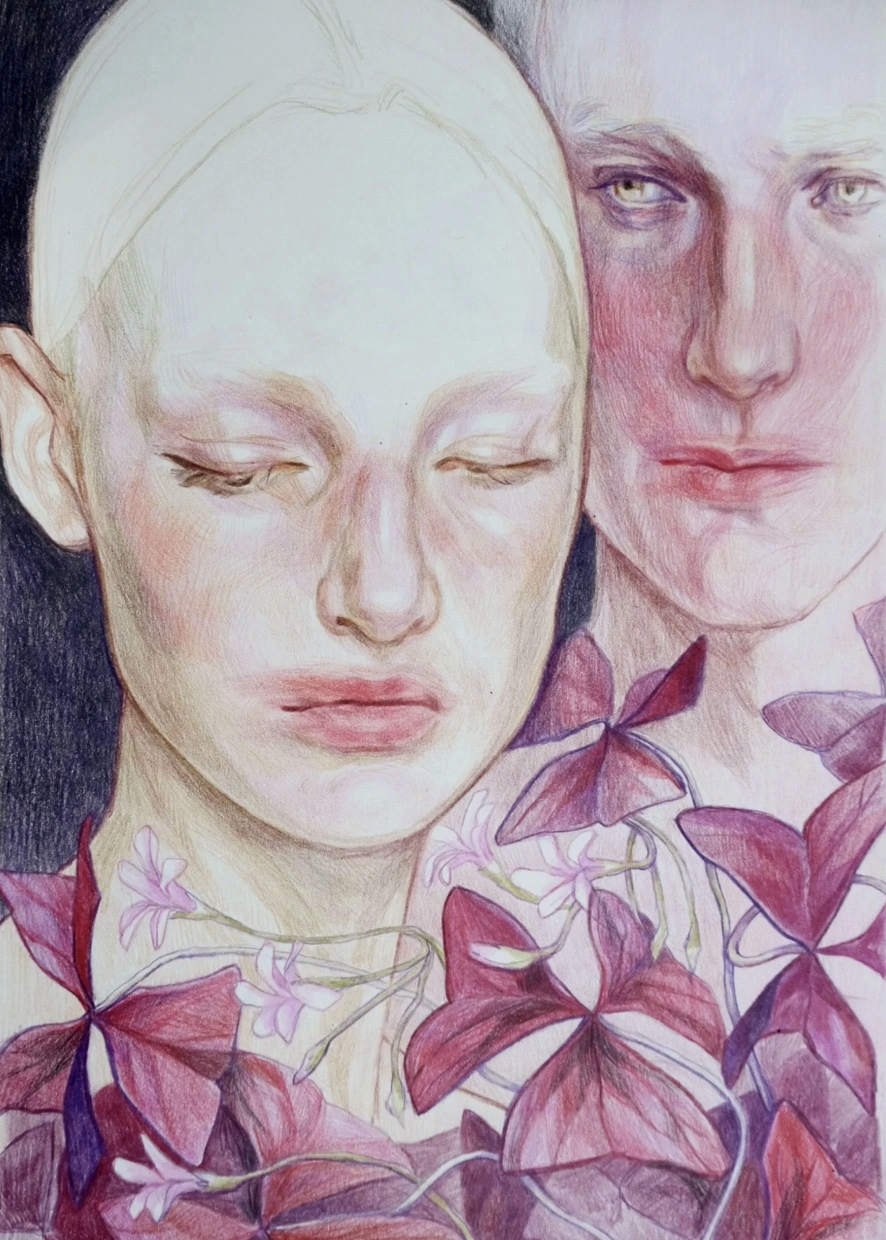 A detailed colored pencil drawing of a woman with closed eyes and a man with open eyes, both with solemn expressions, surrounded by purple and pink leaves and flowers.
