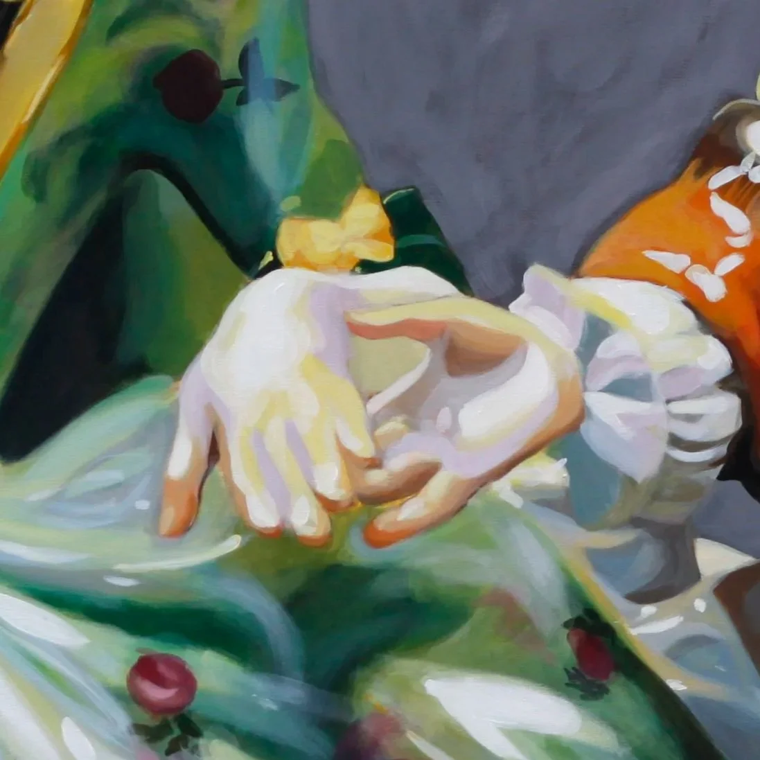 Close-up of a still life painting featuring a white flower, green leaves, a yellow object, and a textured orange and gray background.