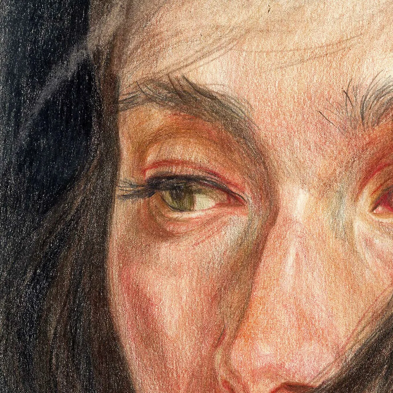 Close-up of a realistic colored pencil drawing of a woman's face, focusing on her eyes, nose, and a portion of her hair.