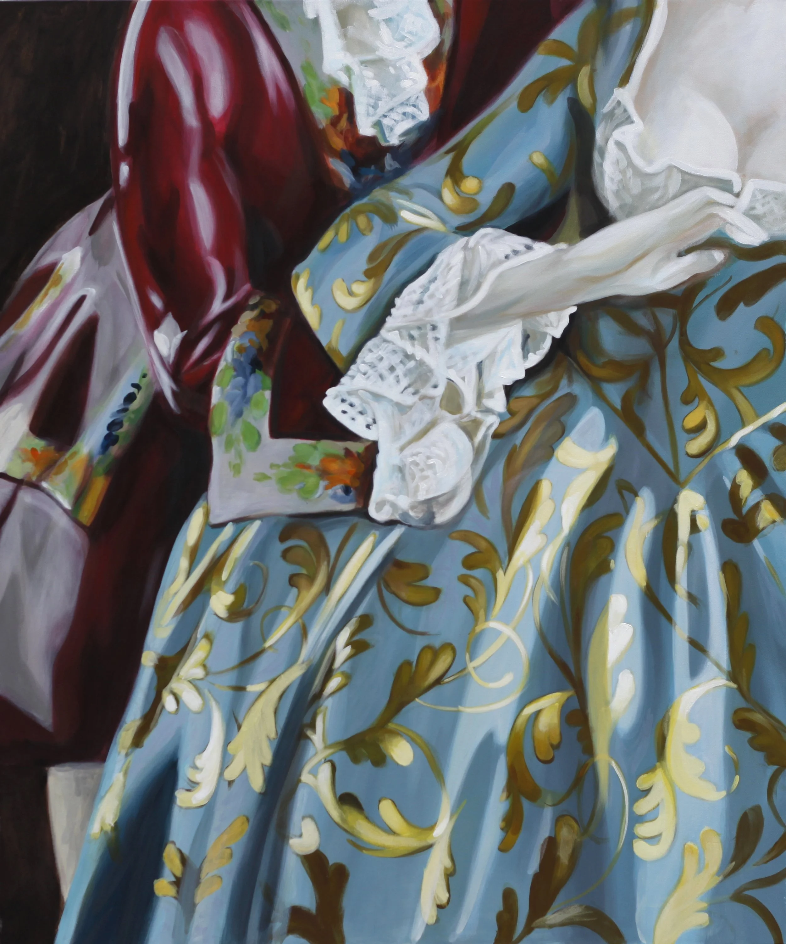Close-up of a colorful, detailed painting featuring a blue dress with gold floral designs, a red garment, and ruffled white lace fabric.