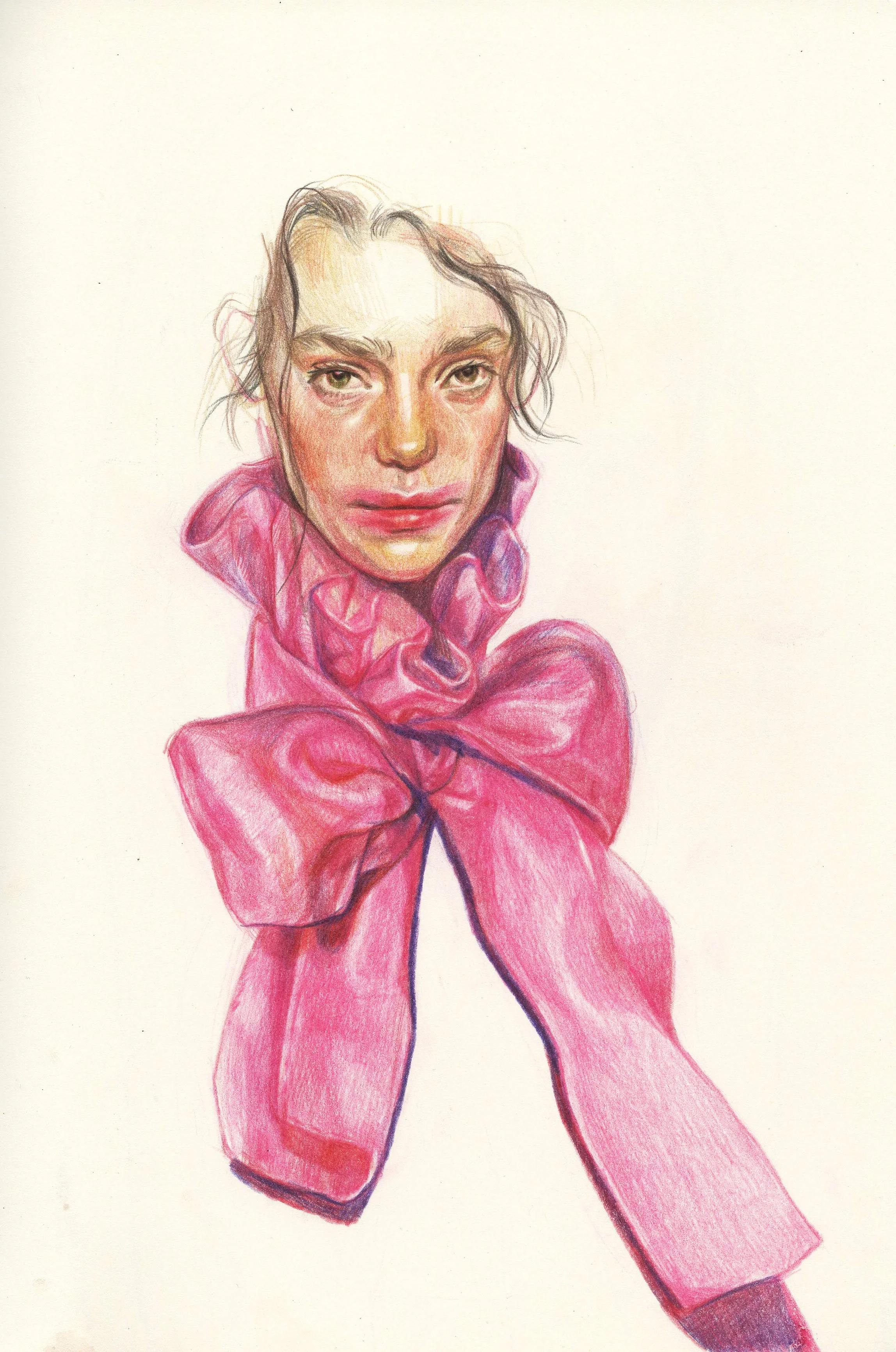 A realistic colored pencil drawing of a woman with tousled hair, wearing a large pink bow around her neck and shoulders.