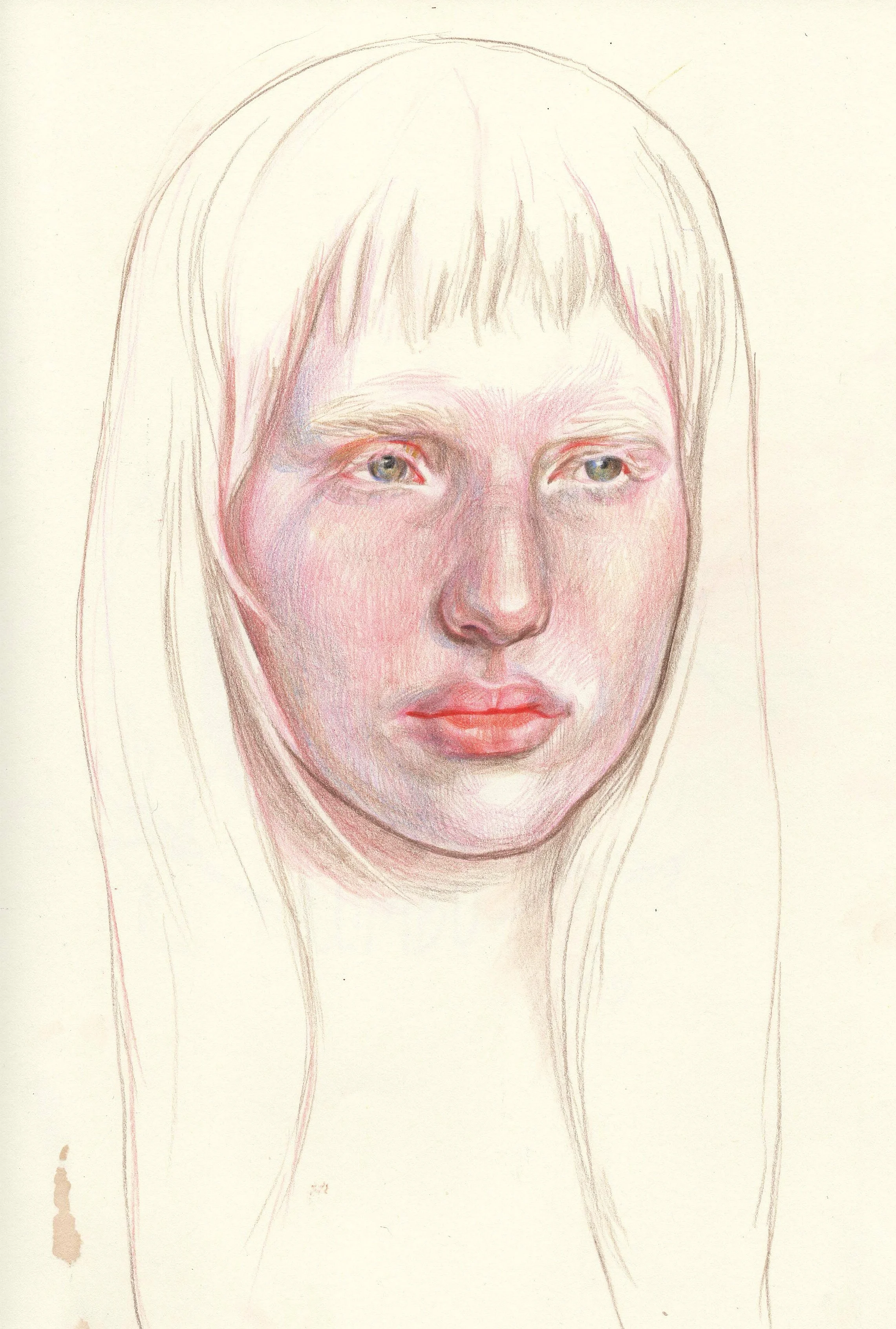 A realistic colored pencil portrait of a young woman with long, straight hair and blue eyes.