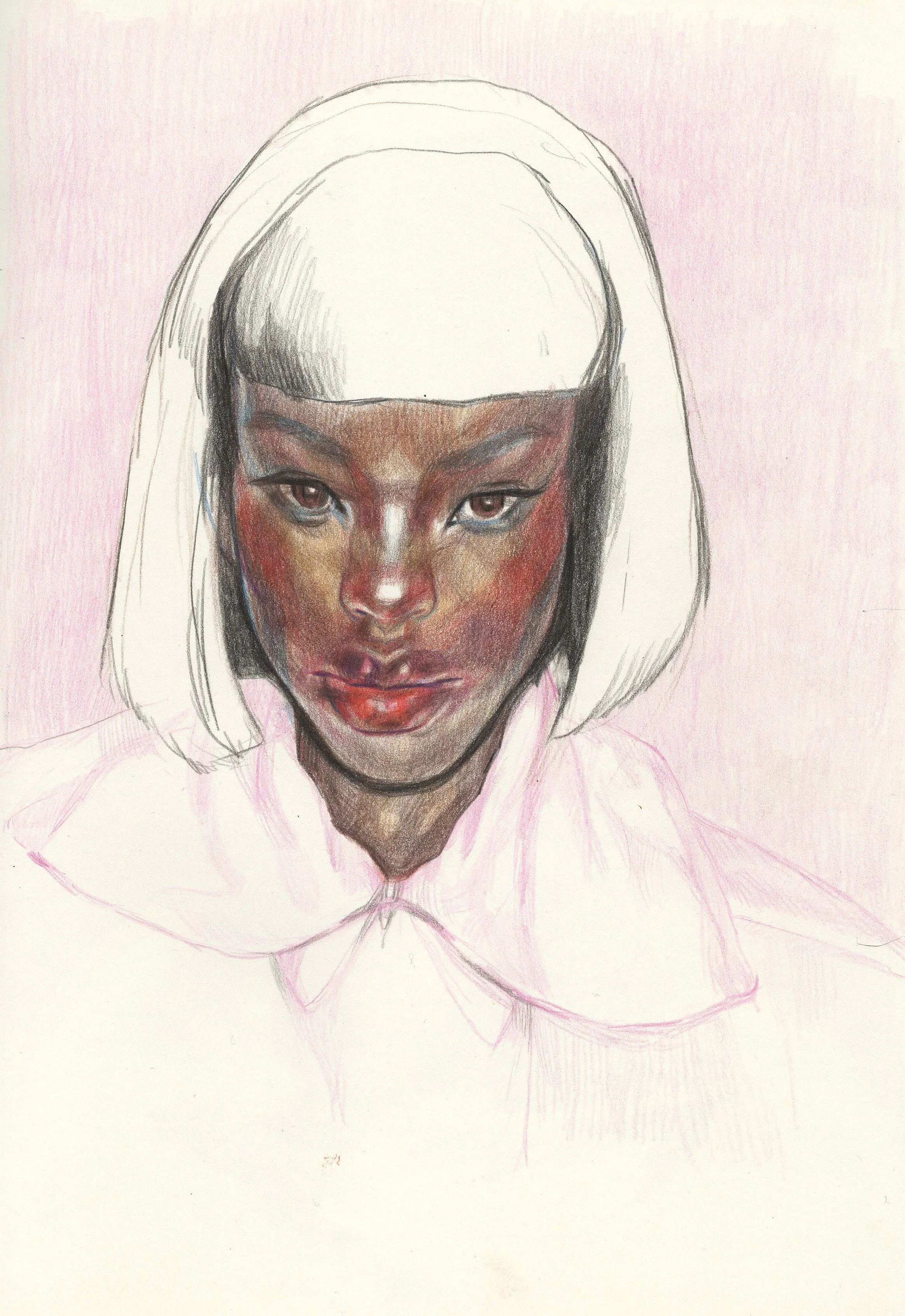 A partially completed colored pencil and pastel drawing of a woman with dark skin and short white hair, wearing a collared shirt. The face is detailed while the clothing and background are only sketched.