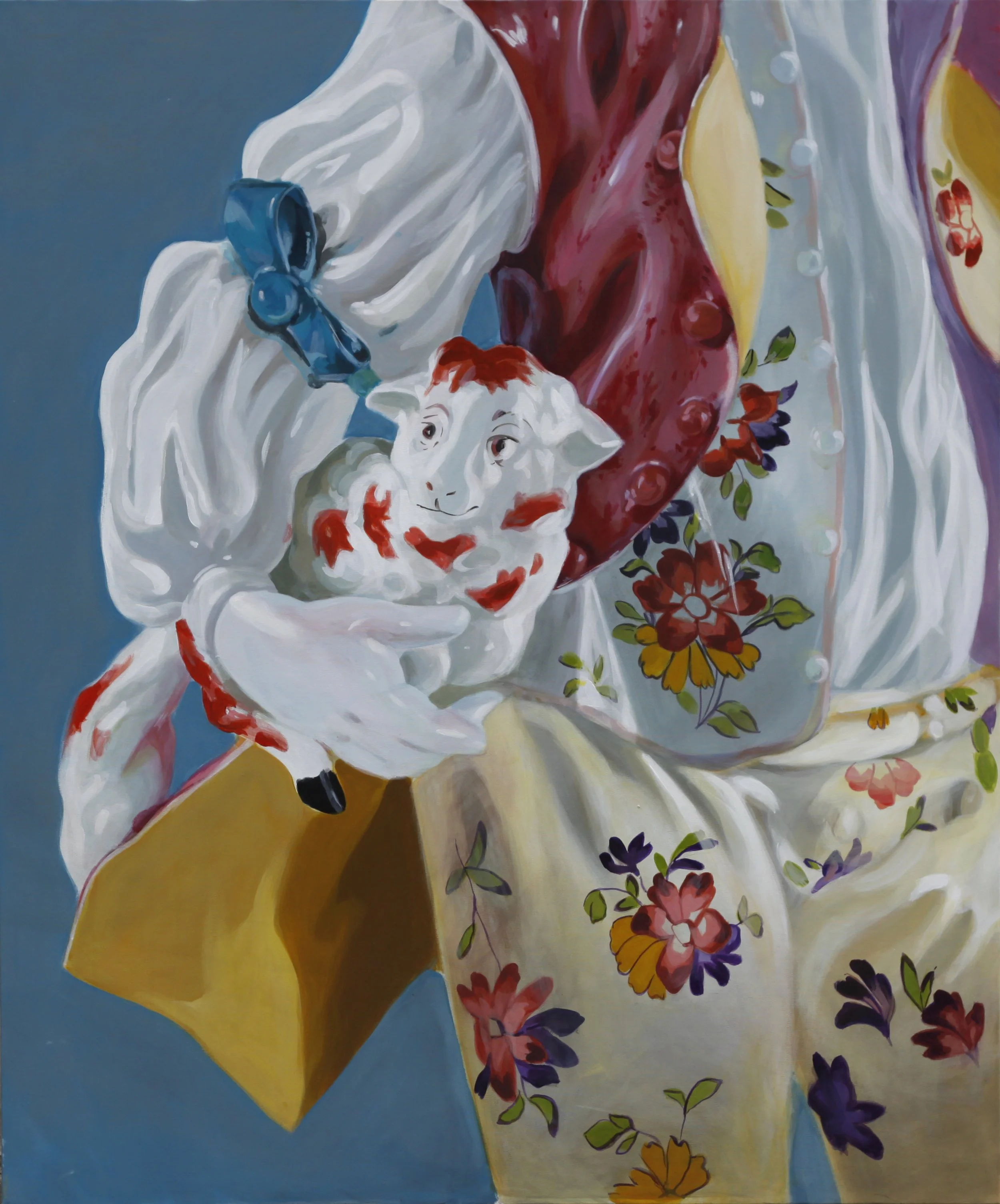 A painted image of a white sheep with red spots, holding a small doll of a girl with the same pattern, against a background of colorful fabric with floral prints.