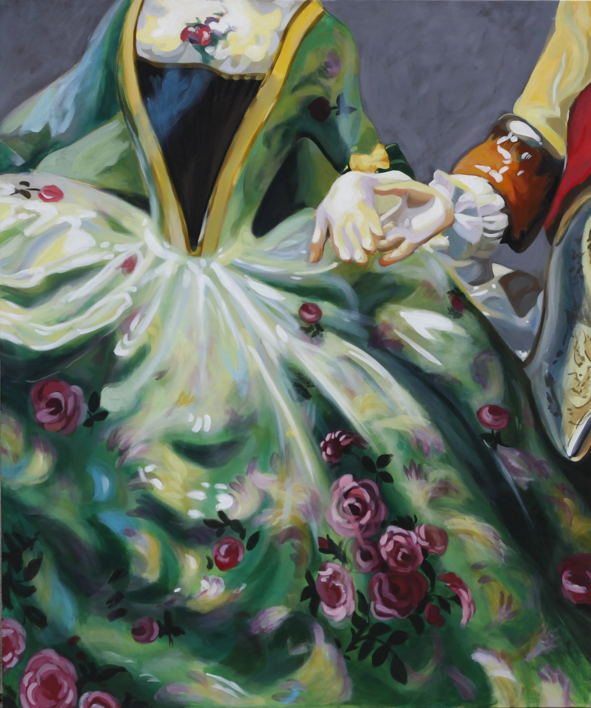 Close-up of a painting depicting two people in colorful, elaborate costumes holding hands, with floral patterns on their garments.