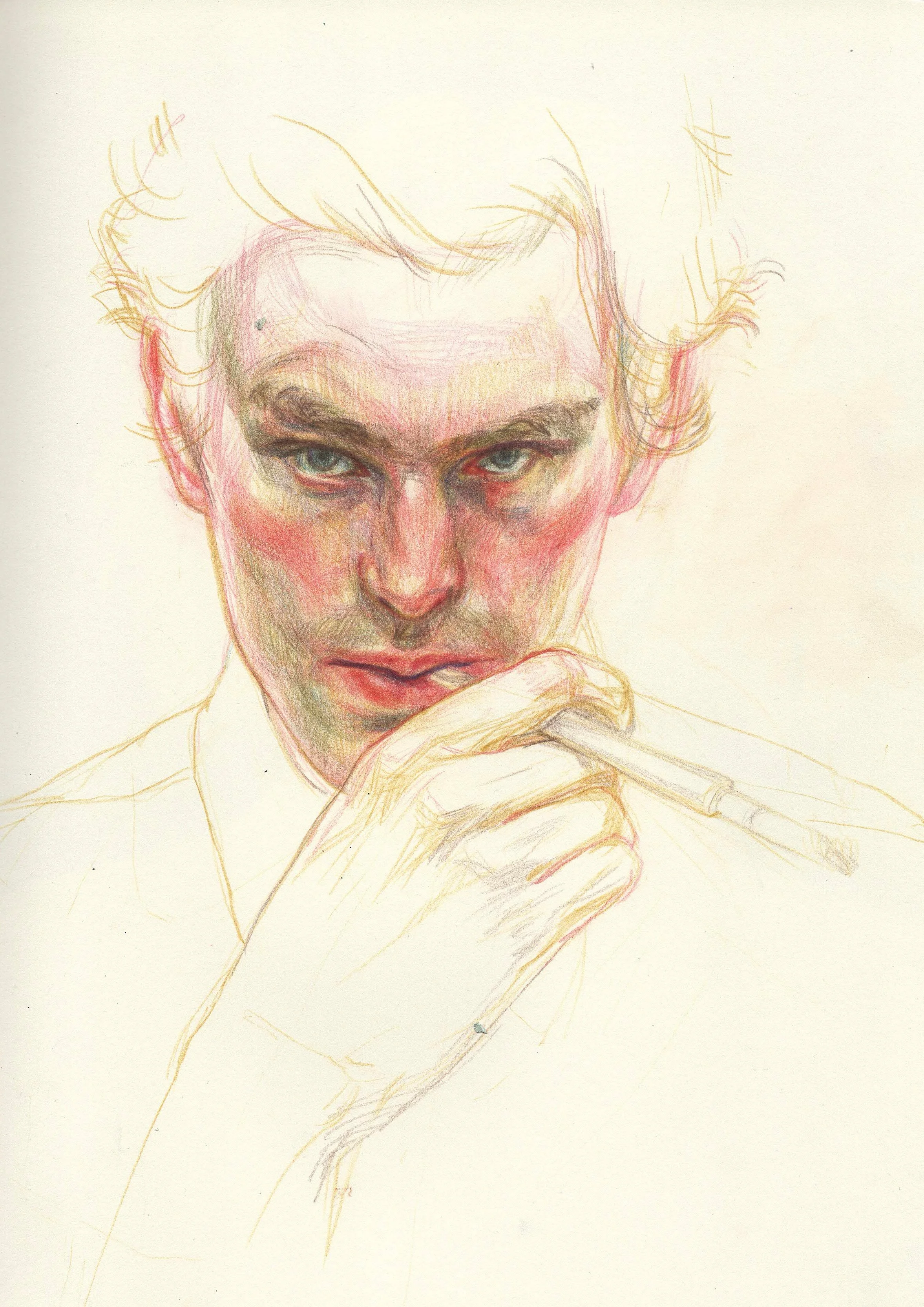 Colorful sketch of a person with piercing blue eyes, holding a cigarette near their lips, with detailed facial features and hair.