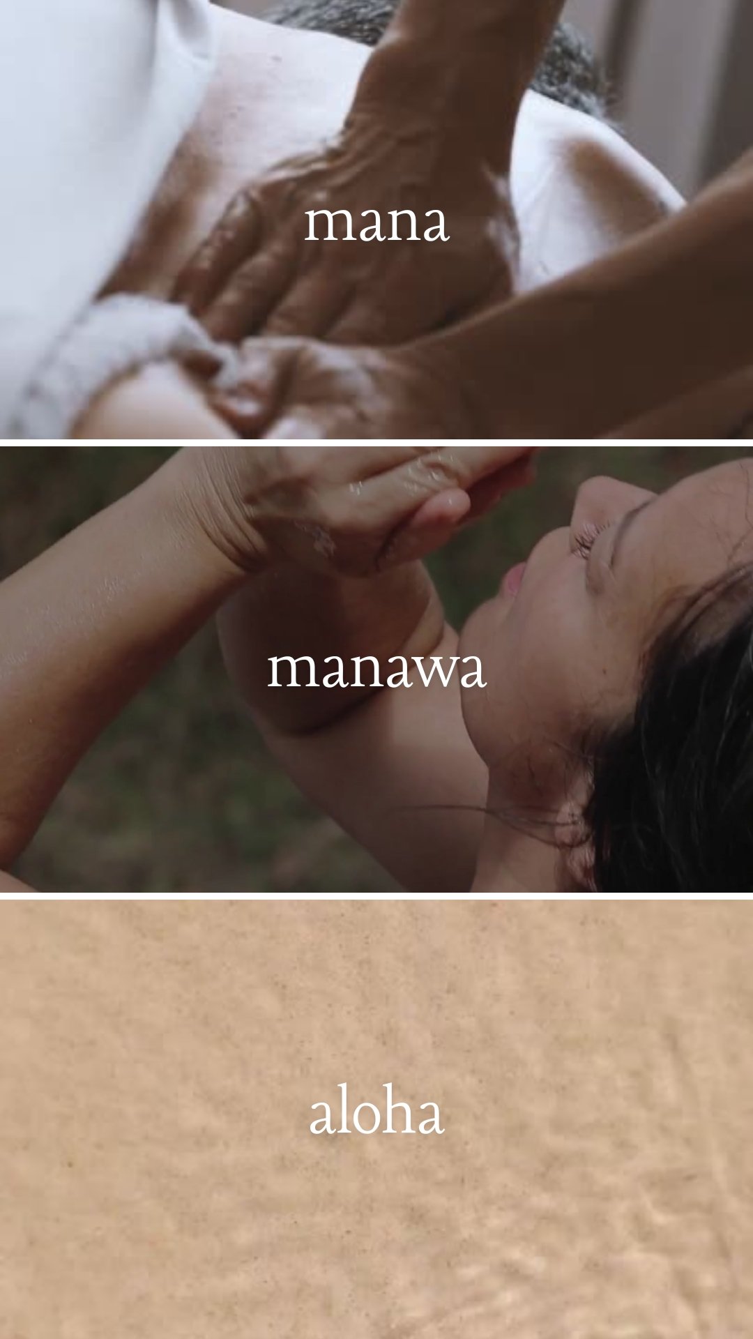 A collage of three images showing people in touch, with the words 'mana,' 'manawa,' and 'aloha' overlaid on each image.