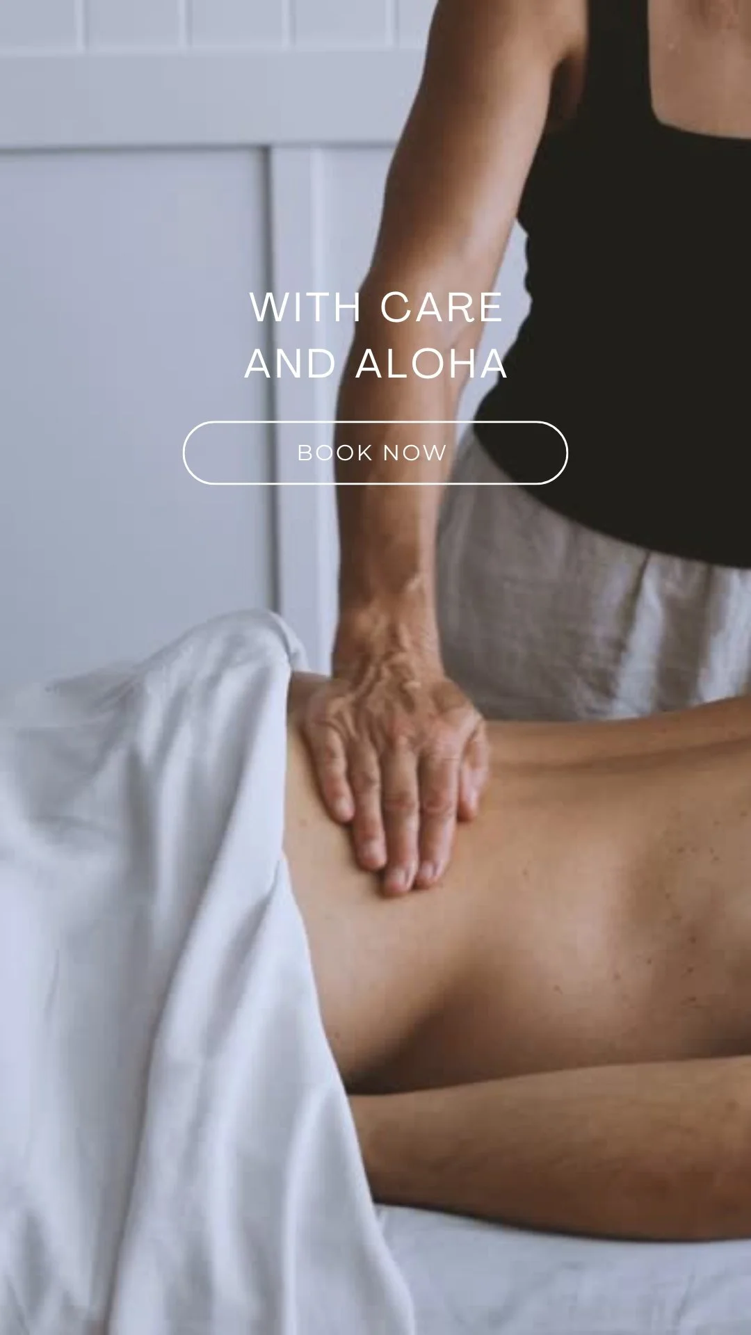A person receiving a massage, with the text 'With Care and Aloha' and a 'Book Now' button overlayed.